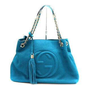 GUCCI Soho Chain Shoulder Bag GG Suede Blue